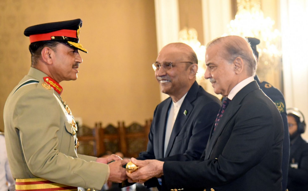President Asif Ali Zardari and Prime Minister Muhammad Shehbaz Sharif conferring the batton of the Field Marshal