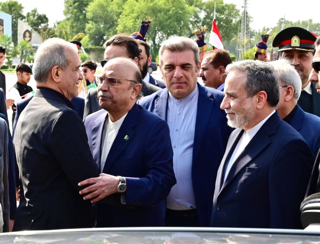 President Asif Ali Zardari receiving President of the Islamic Republic of Iran, Dr. Masoud Pezeshkian, upon his arrival at Nur Khan Airbase.